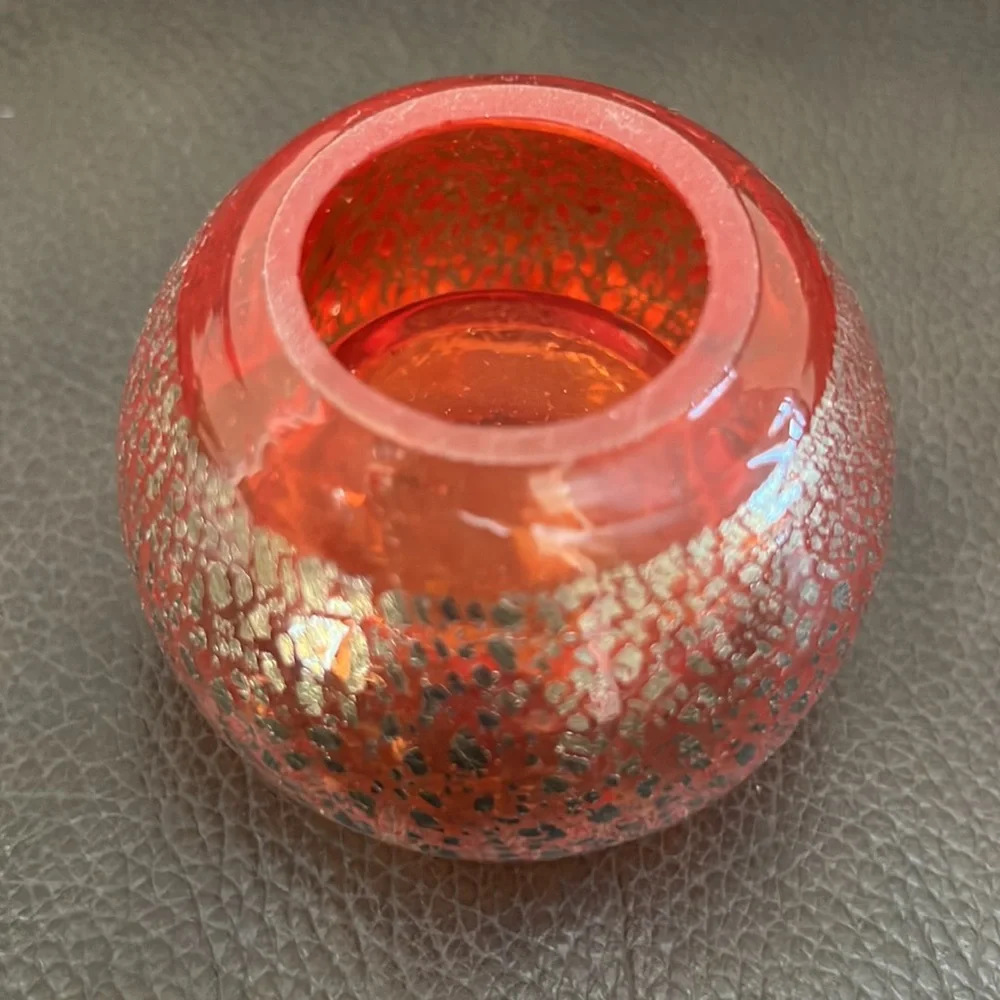 Murano Glass Orange Tea Light Candle Holder with Gold Fleck Accents
